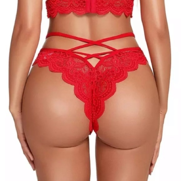 NWT 2pc Strappy Red Lace Bralette Bra Panty Set M - Picture 8 of 11